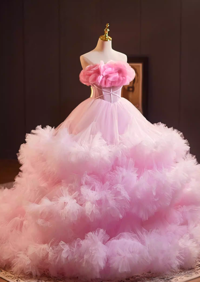 Gen Z Style Strapless A-Line Sweet 16th Gowns Ruffles Tulle Pink Handmade Flowers Prom Dress AP5237