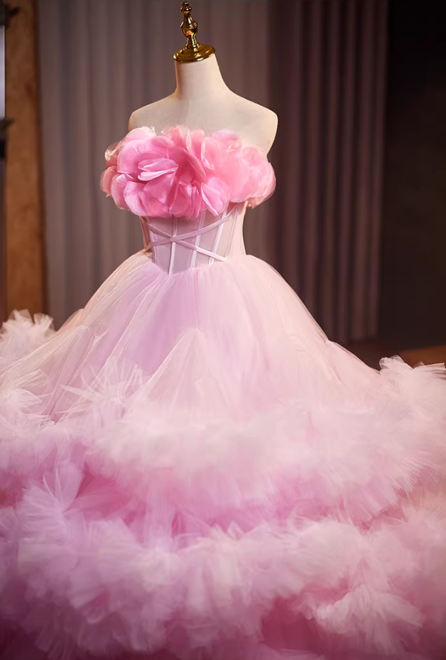 Gen Z Style Strapless A-Line Sweet 16th Gowns Ruffles Tulle Pink Handmade Flowers Prom Dress AP5237