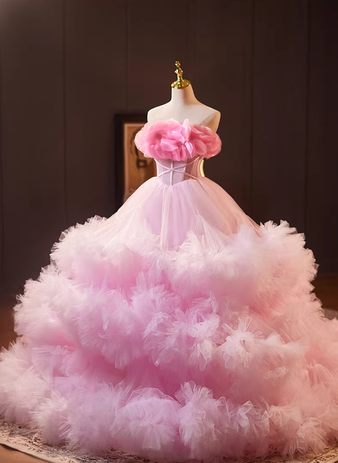 Gen Z Style Strapless A-Line Sweet 16th Gowns Ruffles Tulle Pink Handmade Flowers Prom Dress AP5237