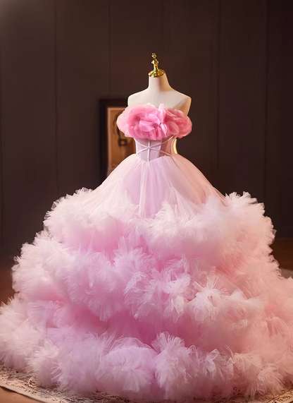 Gen Z Style Strapless A-Line Sweet 16th Gowns Ruffles Tulle Pink Handmade Flowers Prom Dress AP5237