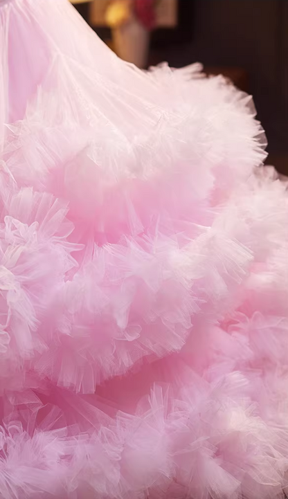 Gen Z Style Strapless A-Line Sweet 16th Gowns Ruffles Tulle Pink Handmade Flowers Prom Dress AP5237