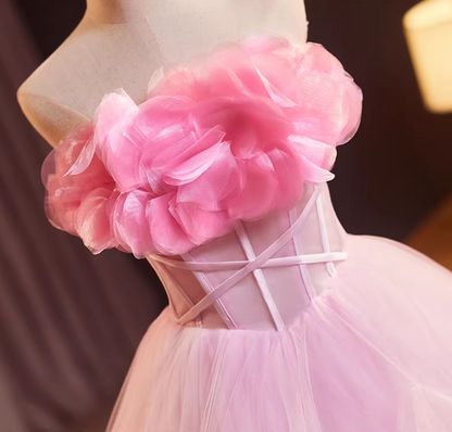 Gen Z Style Strapless A-Line Sweet 16th Gowns Ruffles Tulle Pink Handmade Flowers Prom Dress AP5237