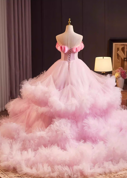 Gen Z Style Strapless A-Line Sweet 16th Gowns Ruffles Tulle Pink Handmade Flowers Prom Dress AP5237