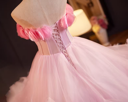 Gen Z Style Strapless A-Line Sweet 16th Gowns Ruffles Tulle Pink Handmade Flowers Prom Dress AP5237