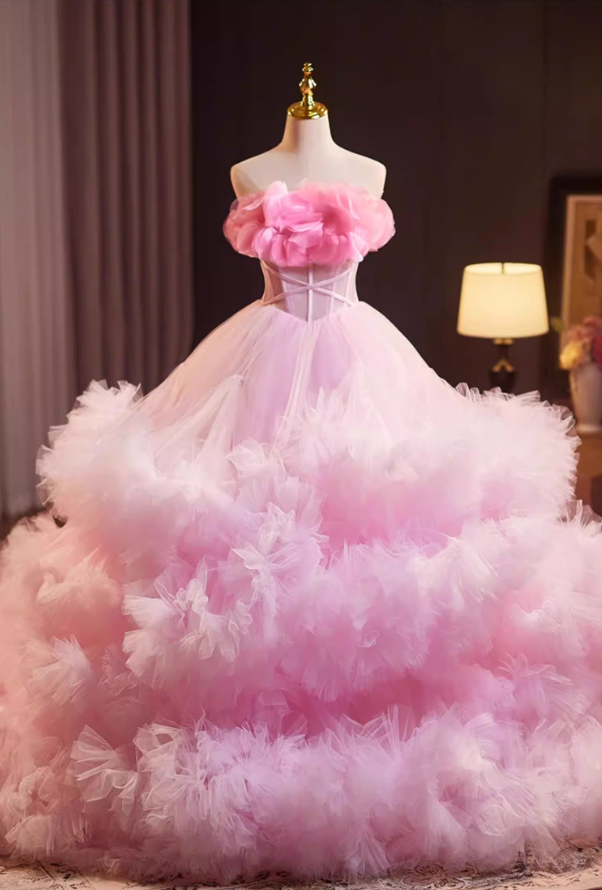 Gen Z Style Strapless A-Line Sweet 16th Gowns Ruffles Tulle Pink Handmade Flowers Prom Dress AP5237