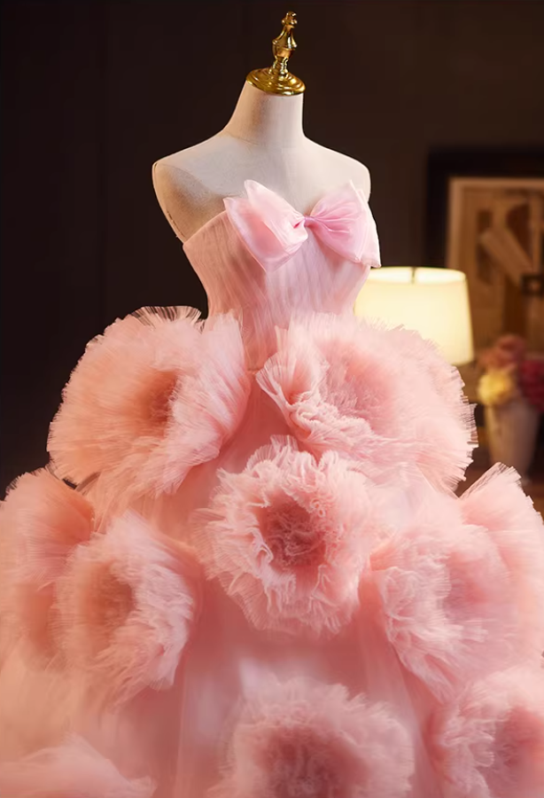 Hottie Strapless A-Line Pink Tulle Sweet 16th Gowns Bow Handmade Flowers Prom Dress AP5238