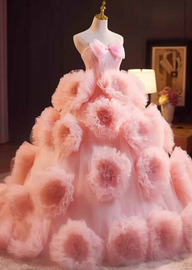 Hottie Strapless A-Line Pink Tulle Sweet 16th Gowns Bow Handmade Flowers Prom Dress AP5238