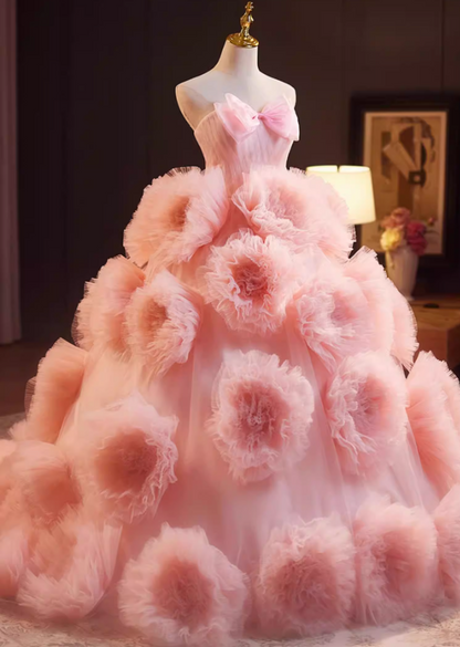 Hottie Strapless A-Line Pink Tulle Sweet 16th Gowns Bow Handmade Flowers Prom Dress AP5238