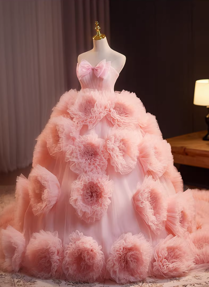 Hottie Strapless A-Line Pink Tulle Sweet 16th Gowns Bow Handmade Flowers Prom Dress AP5238