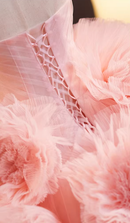 Hottie Strapless A-Line Pink Tulle Sweet 16th Gowns Bow Handmade Flowers Prom Dress AP5238