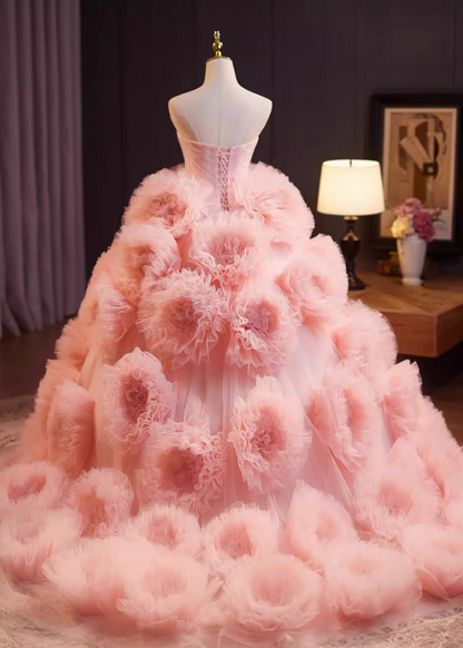 Hottie Strapless A-Line Pink Tulle Sweet 16th Gowns Bow Handmade Flowers Prom Dress AP5238