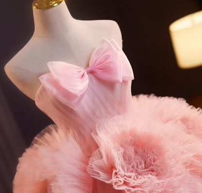 Hottie Strapless A-Line Pink Tulle Sweet 16th Gowns Bow Handmade Flowers Prom Dress AP5238