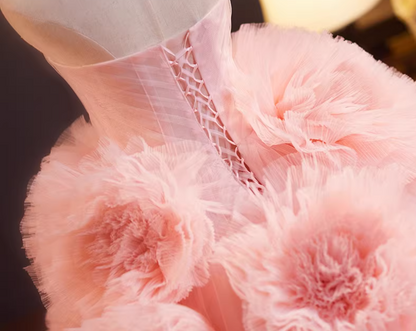Hottie Strapless A-Line Pink Tulle Sweet 16th Gowns Bow Handmade Flowers Prom Dress AP5238