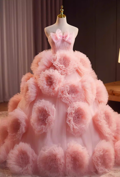 Hottie Strapless A-Line Pink Tulle Sweet 16th Gowns Bow Handmade Flowers Prom Dress AP5238