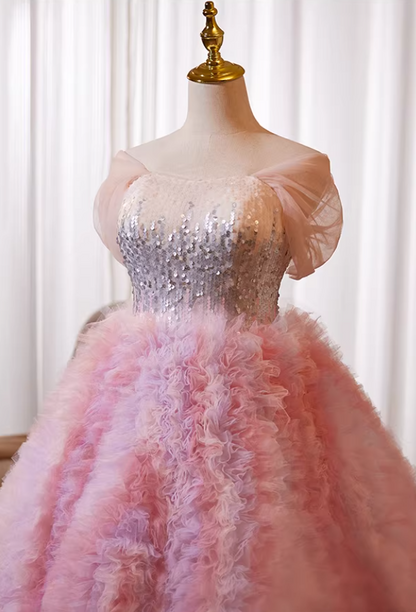 Voluminous Off-Shoulder A-Line Sweet 16th Dresses Sequins Ruffles Tulle Prom Dress AP5239