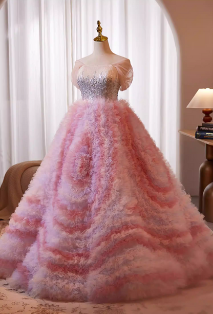 Voluminous Off-Shoulder A-Line Sweet 16th Dresses Sequins Ruffles Tulle Prom Dress AP5239