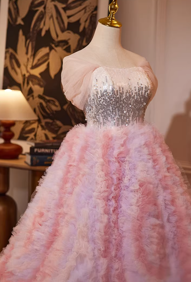 Voluminous Off-Shoulder A-Line Sweet 16th Dresses Sequins Ruffles Tulle Prom Dress AP5239