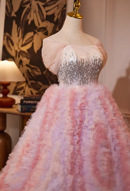 Voluminous Off-Shoulder A-Line Sweet 16th Dresses Sequins Ruffles Tulle Prom Dress AP5239