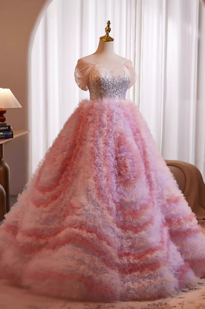 Voluminous Off-Shoulder A-Line Sweet 16th Dresses Sequins Ruffles Tulle Prom Dress AP5239