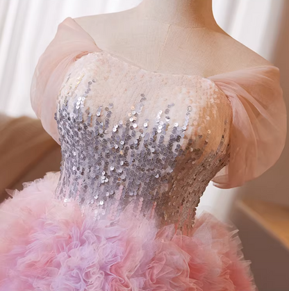 Voluminous Off-Shoulder A-Line Sweet 16th Dresses Sequins Ruffles Tulle Prom Dress AP5239
