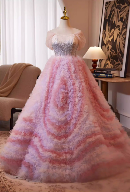 Voluminous Off-Shoulder A-Line Sweet 16th Dresses Sequins Ruffles Tulle Prom Dress AP5239