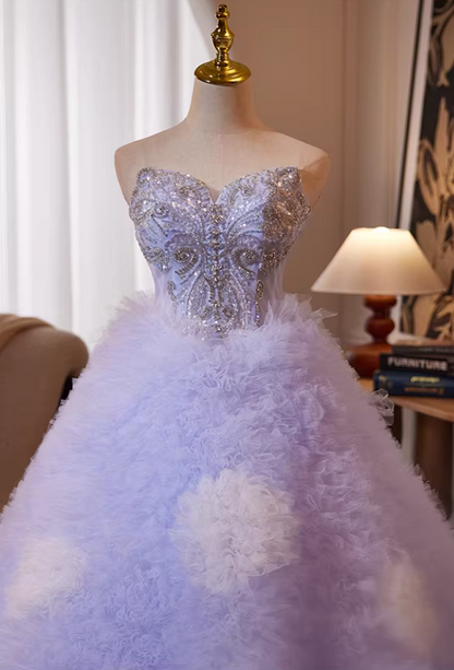 Victorian-Inspired A-Line Ruffles Tulle Strapless Sweet 16th Gowns Sequins Beading Prom Dress AP5240
