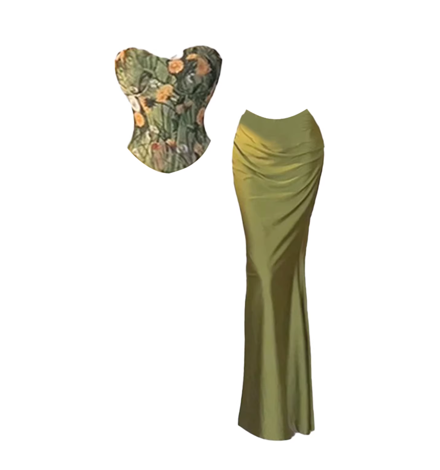 Casual Strapless Floral Corset Ruched Fitted Maxi Skirt Trendy Olive Green Two-Piece Mermaid Long Dress AP5241