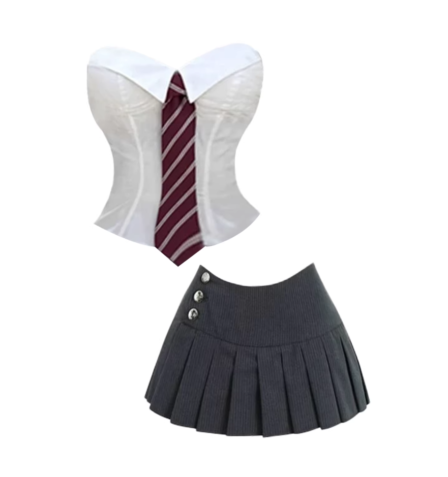 Y2K Style White Corset Red Stripe Tie A-Line Mini Skirt Preppy Two-Piece Set Gray Pinstripe Pleated Strapless Short Dress AP5242