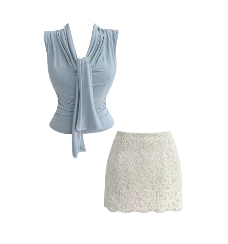 New Tendency V Neck 2-Piece White Lace Mini Dress Light Blue Sleeveless Tie-Neck Crop Top Bodycon Short Dress AP5243