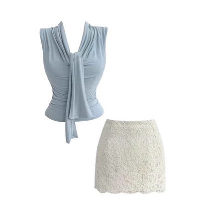 New Tendency V Neck 2-Piece White Lace Mini Dress Light Blue Sleeveless Tie-Neck Crop Top Bodycon Short Dress AP5243