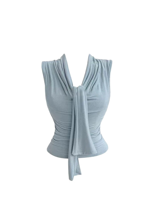 New Tendency V Neck 2-Piece White Lace Mini Dress Light Blue Sleeveless Tie-Neck Crop Top Bodycon Short Dress AP5243