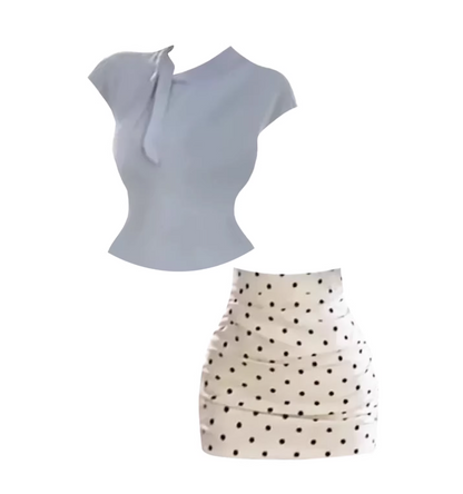 Fairy 2-Piece Set Tie-Neck Fitted Crop Top Bodycon Mini Dress Trendy Light Blue Short-Sleeve White Black-Polka-Dot Ruched Short Dress AP5244