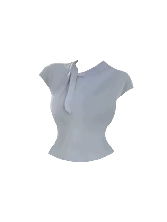 Fairy 2-Piece Set Tie-Neck Fitted Crop Top Bodycon Mini Dress Trendy Light Blue Short-Sleeve White Black-Polka-Dot Ruched Short Dress AP5244