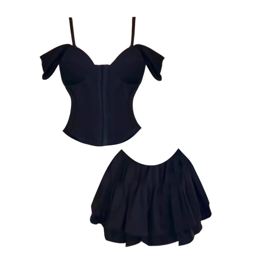 Everyday Wear Corset Top Ruffled A-Line Mini Skirt Chic Black Off-Shoulder Spaghetti Strap Two-Piece Short Dress AP5245