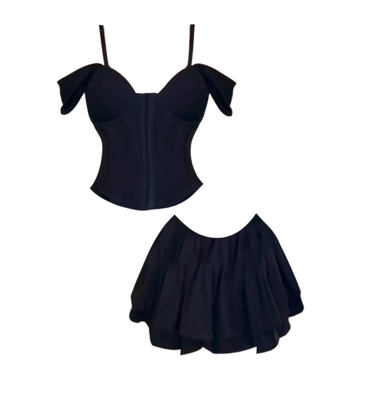 Everyday Wear Corset Top Ruffled A-Line Mini Skirt Chic Black Off-Shoulder Spaghetti Strap Two-Piece Short Dress AP5245