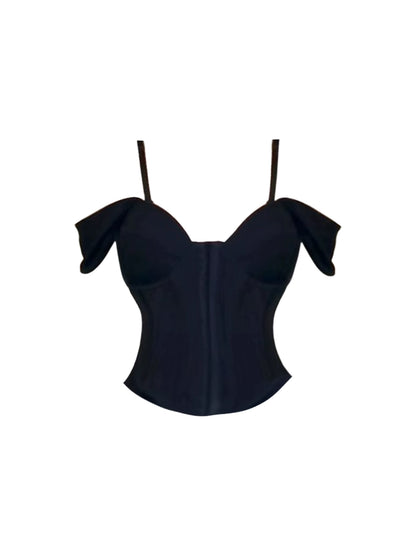 Everyday Wear Corset Top Ruffled A-Line Mini Skirt Chic Black Off-Shoulder Spaghetti Strap Two-Piece Short Dress AP5245