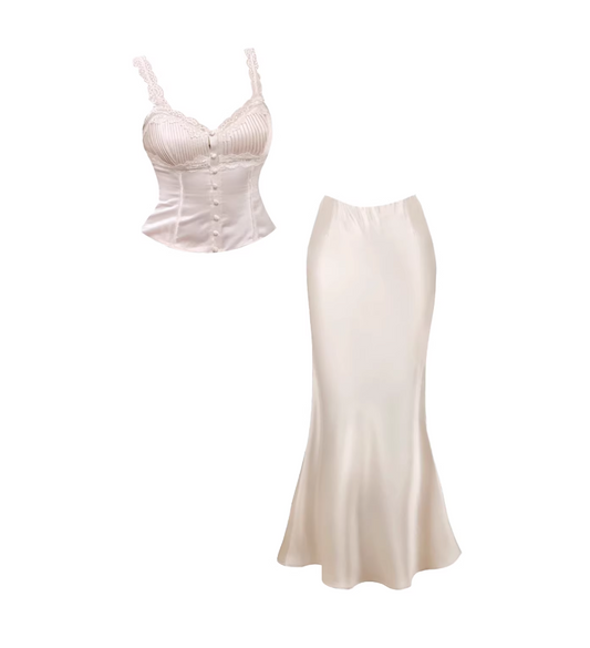 Boho-Inspired  Lace-Trimmed Spaghetti Strap Maxi Skirt 2-Piece Set Ivory Satin Corset Mermaid Long Dress AP5246
