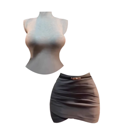 Exquisite Nude Corset Top & Dark Gray Ruched Mini Dress Simple High-Collar Bodycon 2-Piece Short Dress AP5247