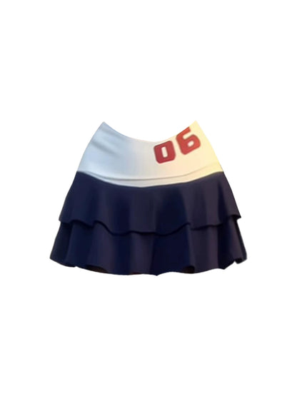 Lovely Decorated Top Tiered A-Line Theme Parties Mini Skirt Navy Cheerleader Square Neck Two-Piece Short Dress AP5248