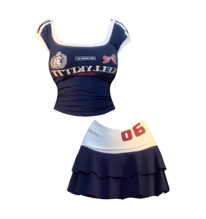 Lovely Decorated Top Tiered A-Line Theme Parties Mini Skirt Navy Cheerleader Square Neck Two-Piece Short Dress AP5248