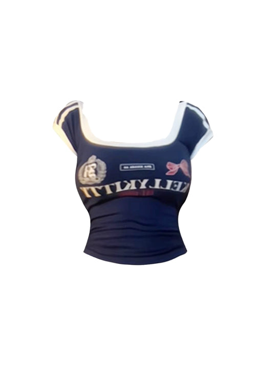 Lovely Decorated Top Tiered A-Line Theme Parties Mini Skirt Navy Cheerleader Square Neck Two-Piece Short Dress AP5248