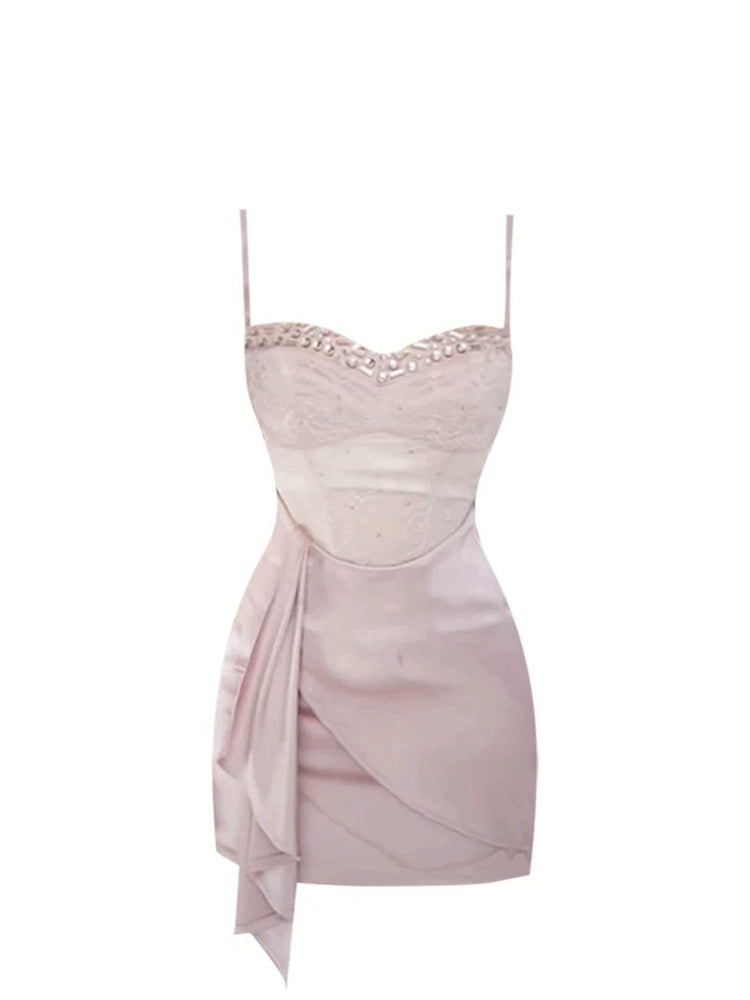 Refined Beaded Trim Splicing Lace Bodycon Mini Skirt Elegant Light Pink Spaghetti Strap Short Dress AP5249