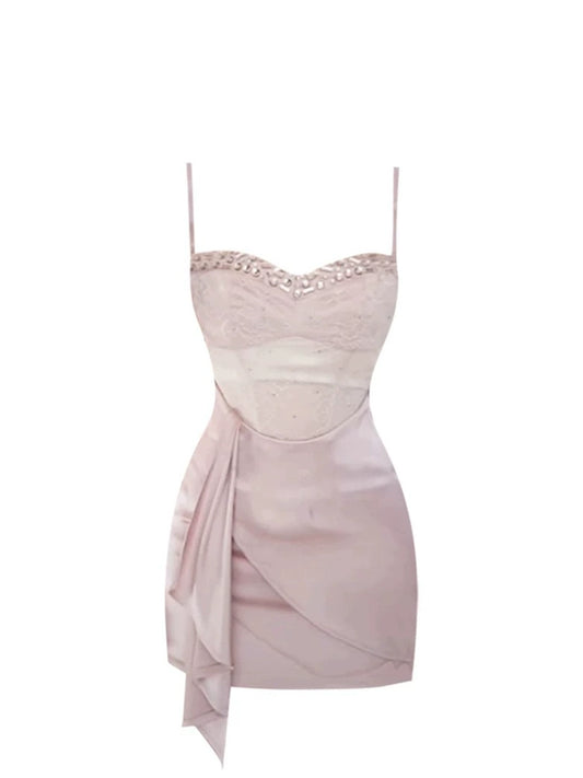 Refined Beaded Trim Splicing Lace Bodycon Mini Skirt Elegant Light Pink Spaghetti Strap Short Dress AP5249