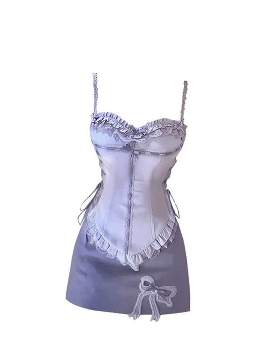 Beautiful Ruffles 2-Piece Set Bodycon Side Bow Mini Skirt  Stylish Spaghetti Strap Mauve Corset Design Short Dress AP5250