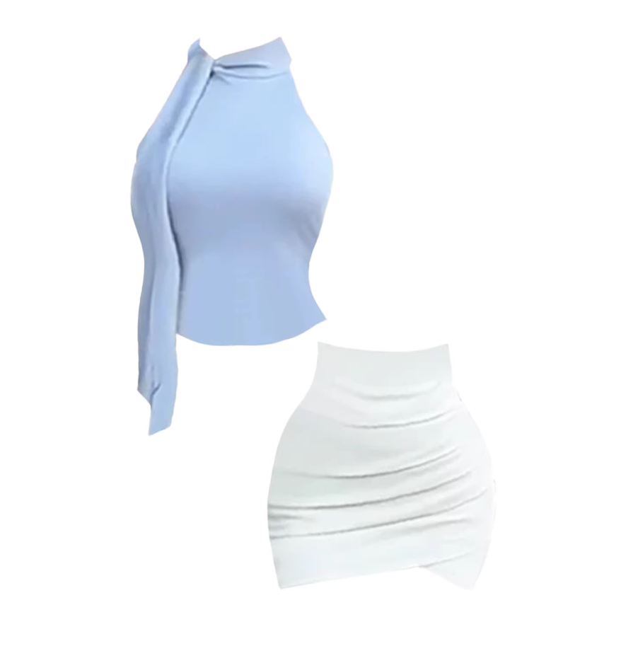 Enchanting Light Blue Jewel Neck Tie-Neck Crop Top Bodycon Mini Dress Chic White Ruched Asymmetric 2-Piece Short Dress AP5251