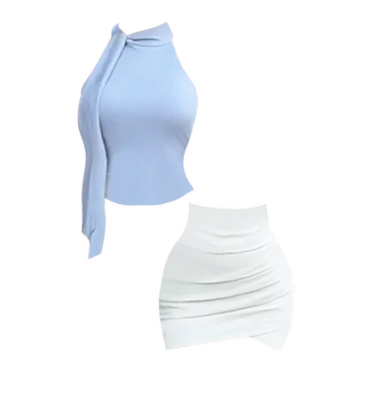 Enchanting Light Blue Jewel Neck Tie-Neck Crop Top Bodycon Mini Dress Chic White Ruched Asymmetric 2-Piece Short Dress AP5251