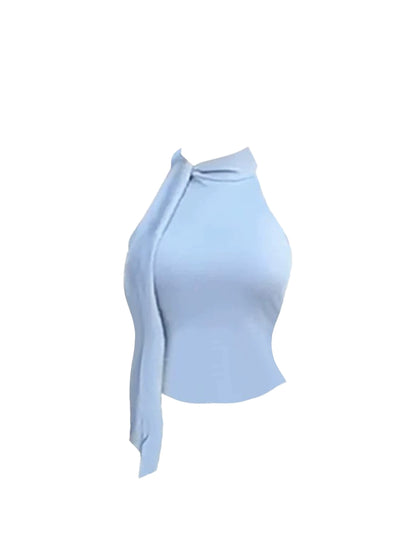 Enchanting Light Blue Jewel Neck Tie-Neck Crop Top Bodycon Mini Dress Chic White Ruched Asymmetric 2-Piece Short Dress AP5251