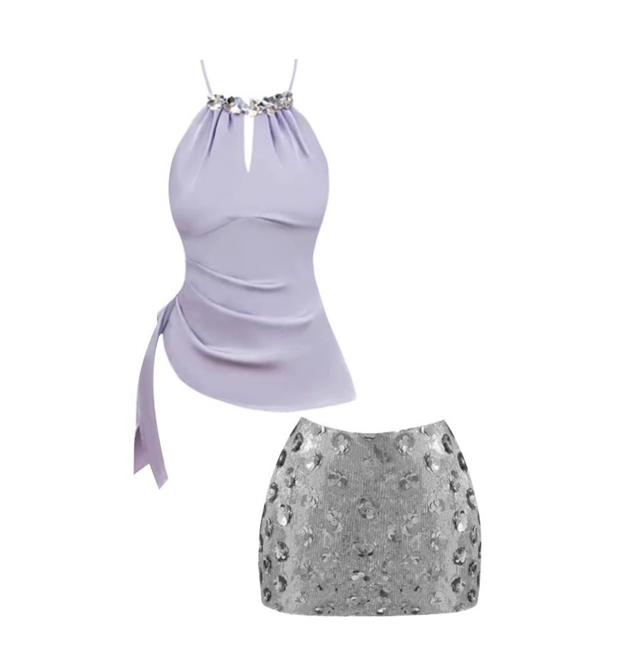 Superb Halter Neck Lavender Ruched Top Bodycon Mini Skirt Luxury 2-Piece Rhinestone Trim Silver Sequin Short Dress AP5252