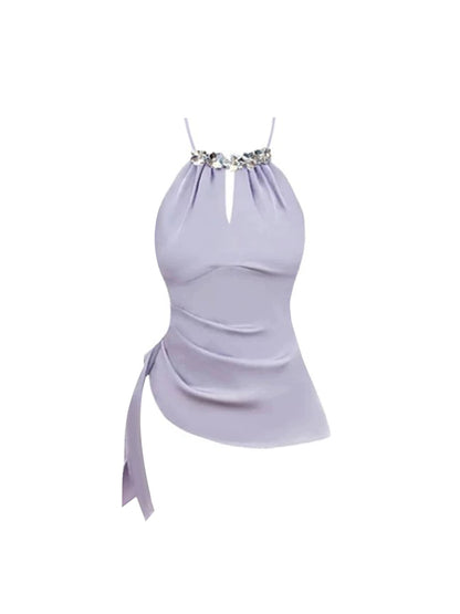 Superb Halter Neck Lavender Ruched Top Bodycon Mini Skirt Luxury 2-Piece Rhinestone Trim Silver Sequin Short Dress AP5252
