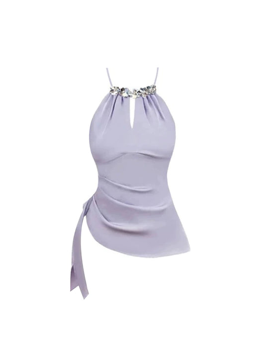 Superb Halter Neck Lavender Ruched Top Bodycon Mini Skirt Luxury 2-Piece Rhinestone Trim Silver Sequin Short Dress AP5252